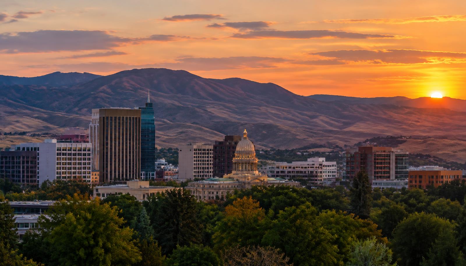 Boise skyline and the Idaho State Capitol at sunset