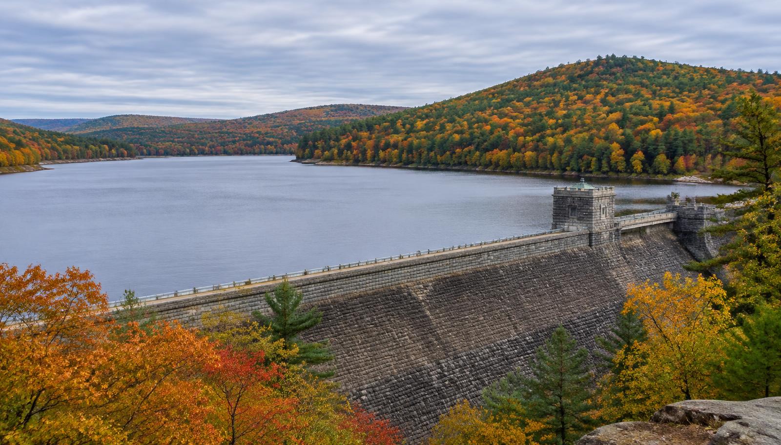 Wachusett Reservoir dam in autumn
