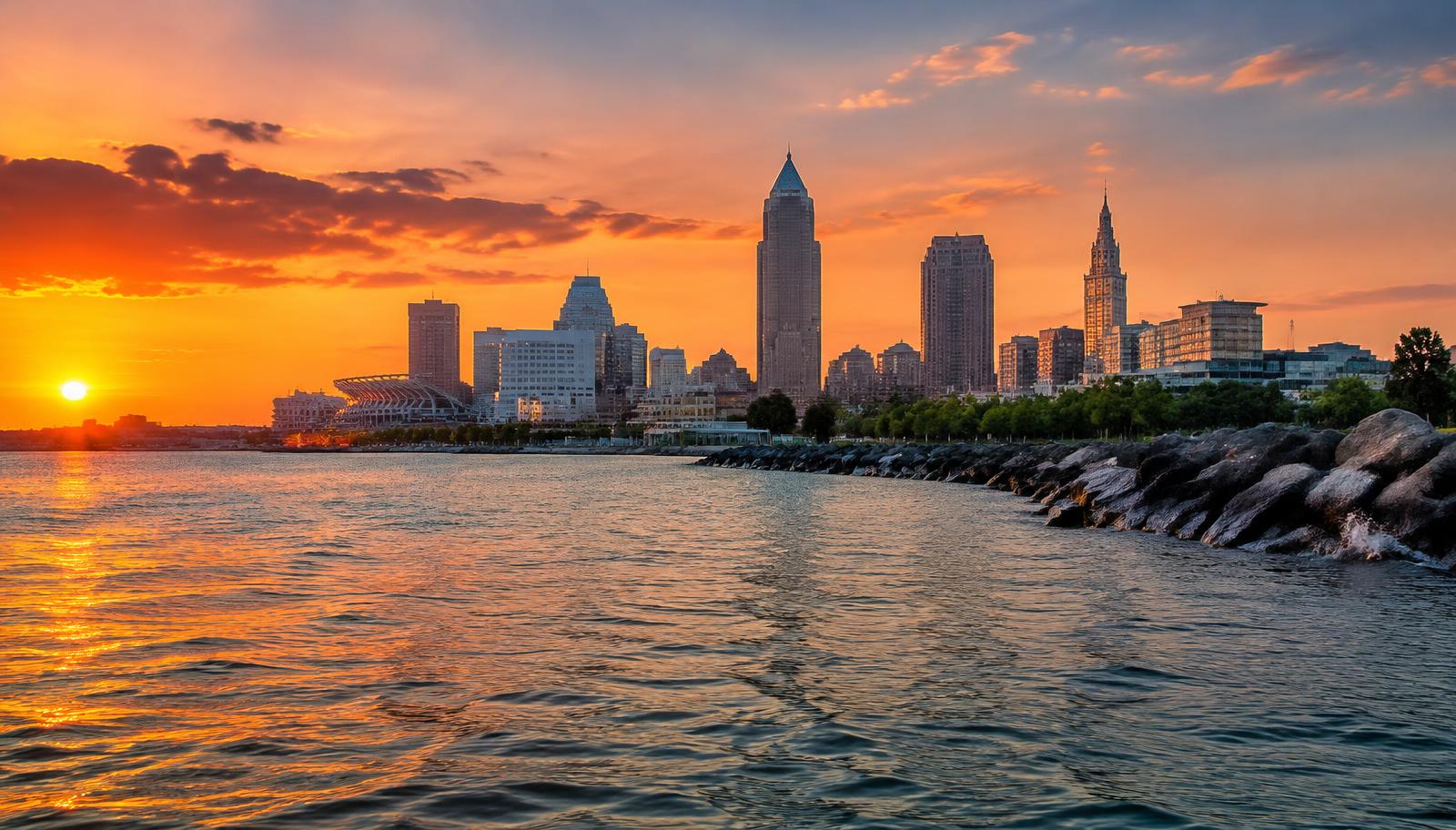 Cleveland skyline on Lake Erie at sunset