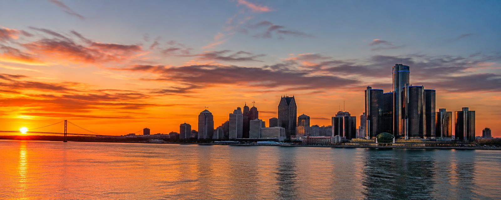 Detroit skyline on the Detroit River at sunset