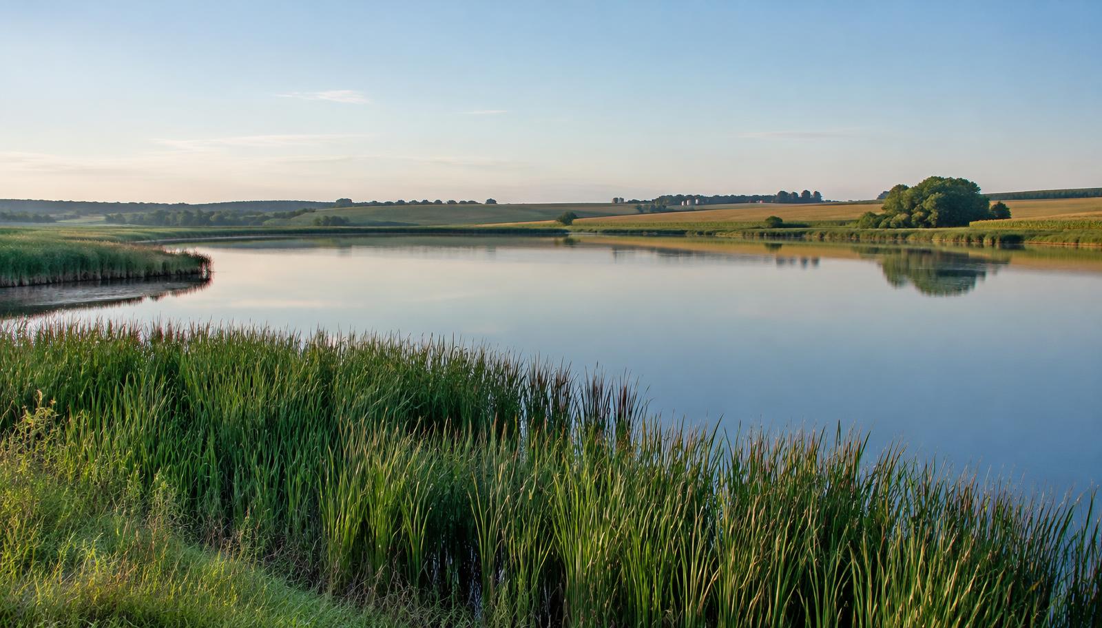 Prairie lake and farmland in northeastern South Dakota