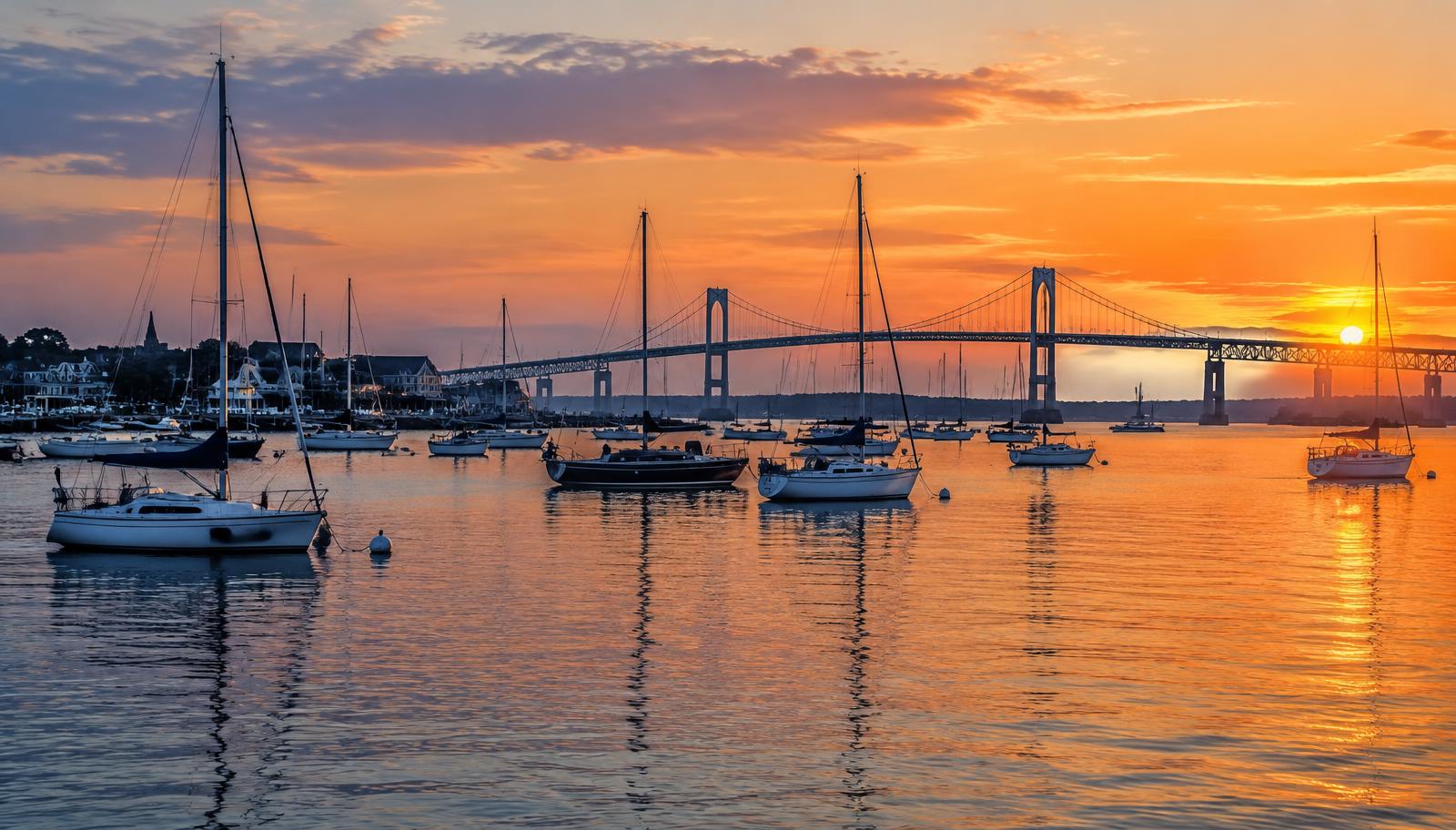Sailboats and the Newport Bridge at sunset