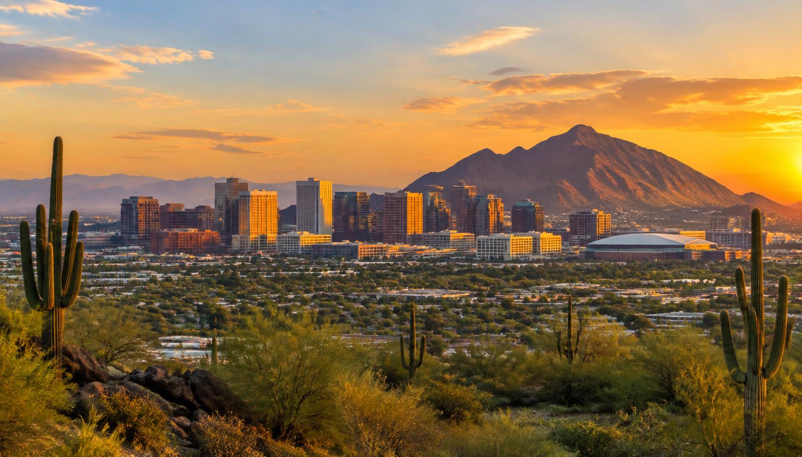 Downtown Phoenix and Camelback Mountain at golden hour