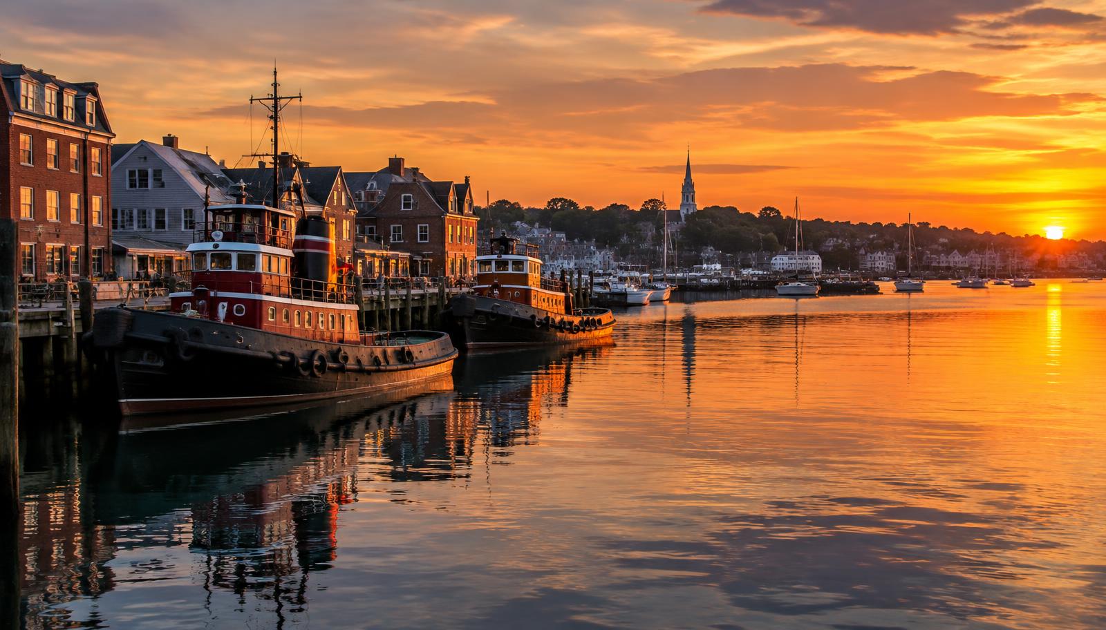 Tugboats on the Portsmouth waterfront at sunset