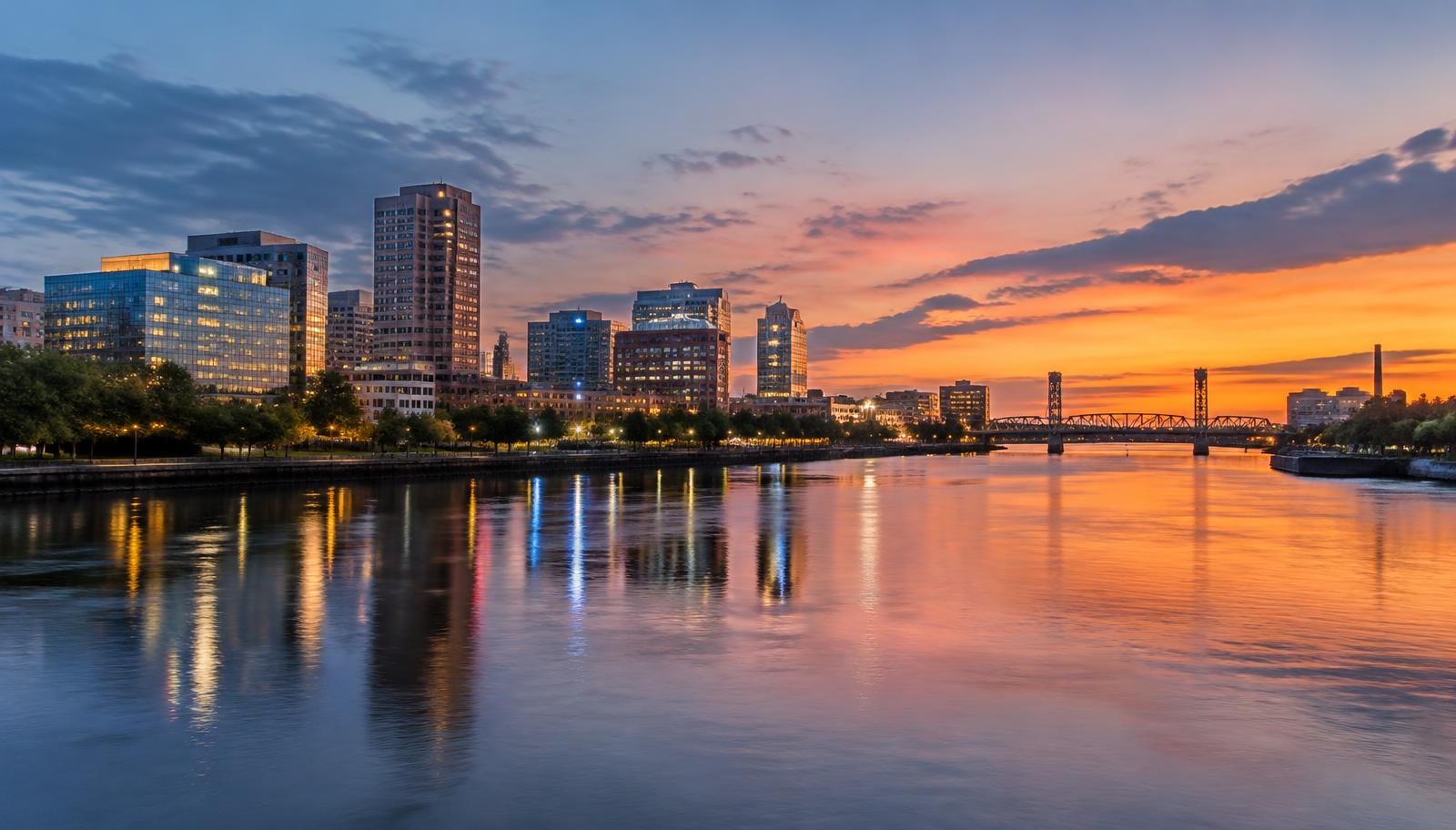 Wilmington riverfront on the Christina River at dusk
